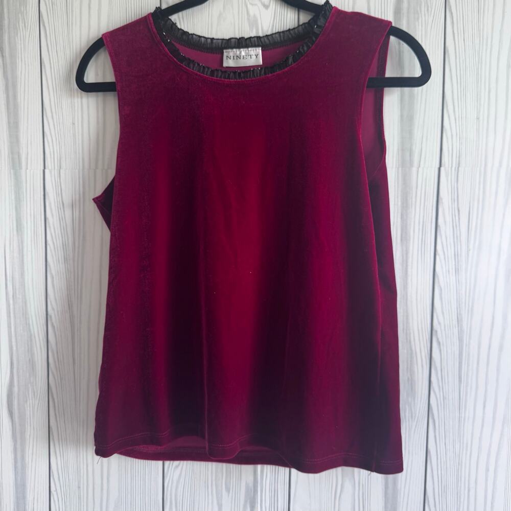 Vintage 90s Red Velvet Top Black Beaded Ruffles WhimsyGoth Vamp Boho Glam S/M
